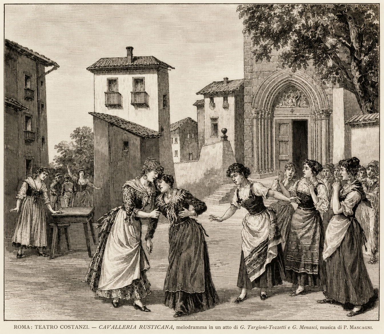Scene from Pietro Mascagni’s Cavalleria rusticana, depicting the drama in a Sicilian village square.